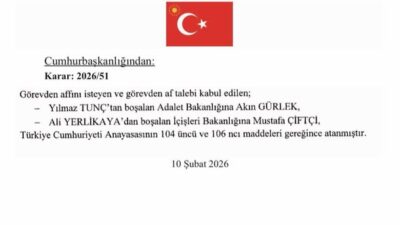 Cumhurbaşkanı Recep Tayyip Erdoğan’ın imzasıyla yayımlanan kararnameye göre İçişleri ve