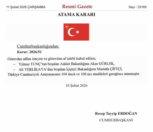 Cumhurbaşkanı Recep Tayyip Erdoğan’ın imzasıyla yayımlanan kararnameye göre İçişleri ve